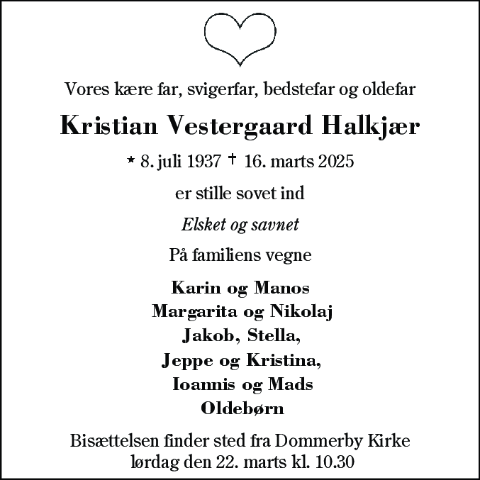 Dødsannonce for Kristian Vestergaard Halkjær
