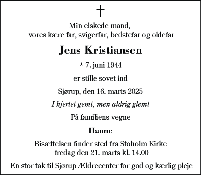 Dødsannonce for Jens Kristiansen