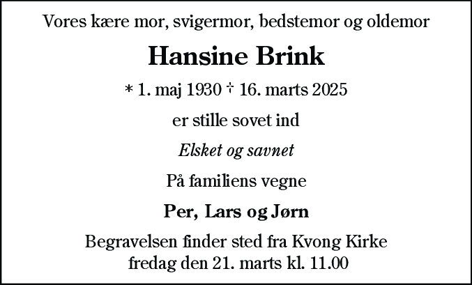 Dødsannonce for Margit Hansine Brink