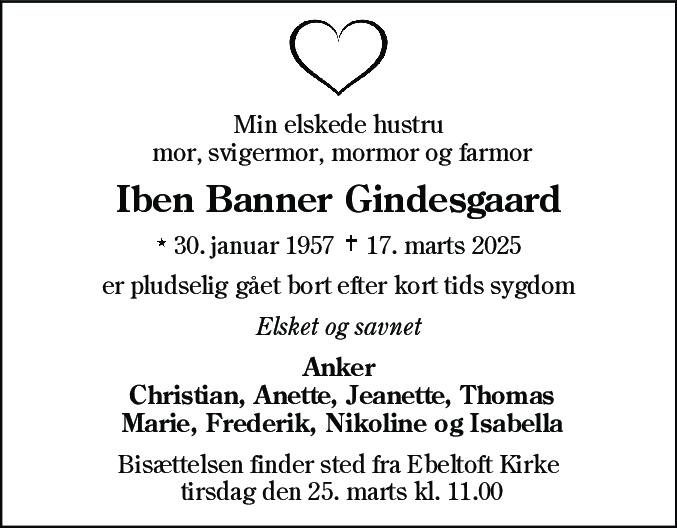 Dødsannonce for Iben Banner Gindesgaard