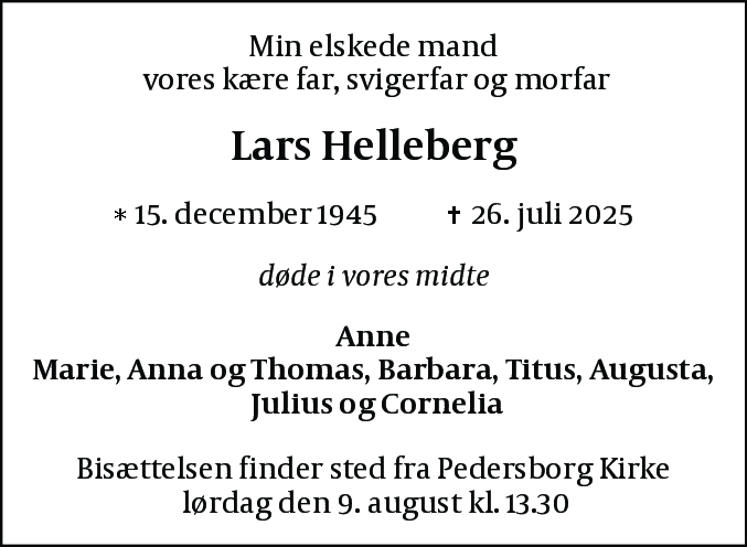 Dødsannonce for Lars Helleberg