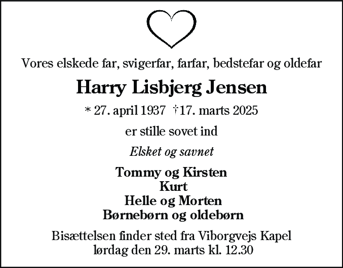 Dødsannonce for Harry Lisbjerg Jensen