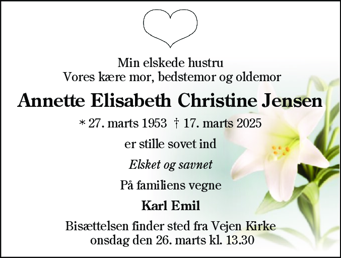 Dødsannonce for Annette Elisabeth Christine Jensen