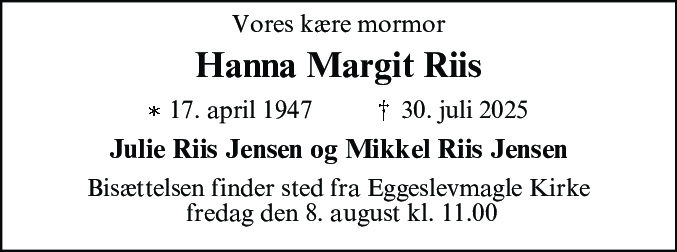 Dødsannonce for Hanna Margit Riis