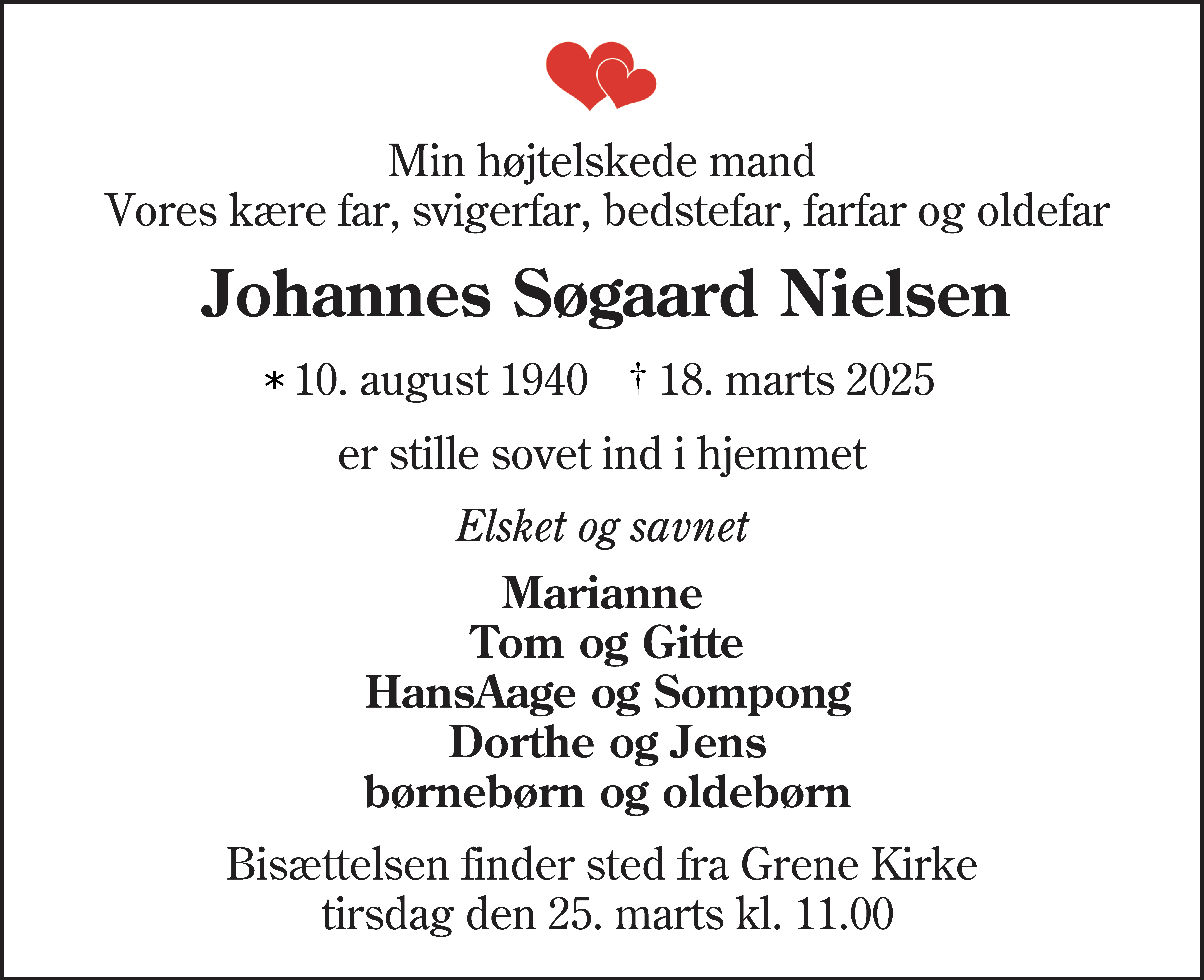 Dødsannonce for Johannes Søgaard Nielsen