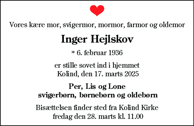 Dødsannonce for Inger Hejlskov