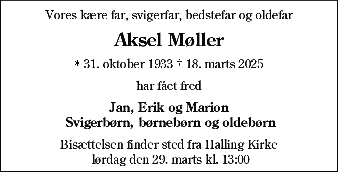 Dødsannonce for Aksel Møller