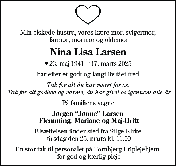Dødsannonce for Nina Lisa Larsen