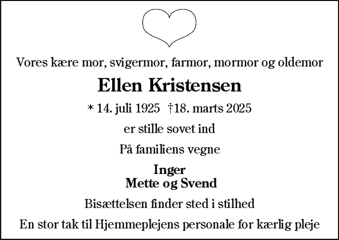 Dødsannonce for Ellen Kristensen