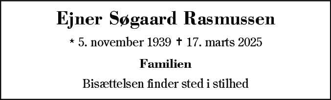 Dødsannonce for Ejner Søgaard Rasmussen
