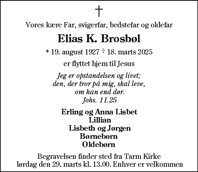 Dødsannonce for Elias Kristen Brosbøl