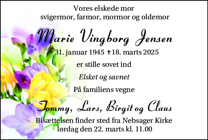 Dødsannonce for Marie Vingborg Jensen