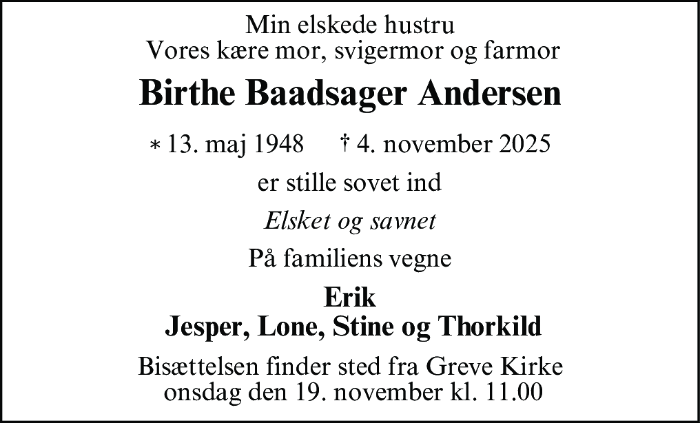 Dødsannonce for Birthe Baadsager Andersen
