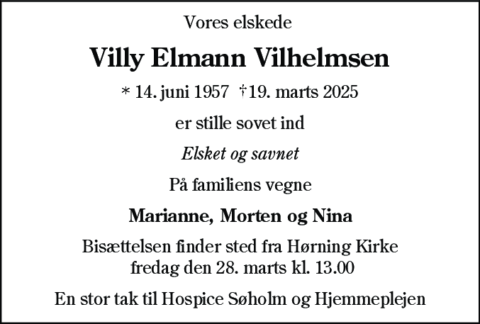 Dødsannonce for Villy Elmann Vilhelmsen