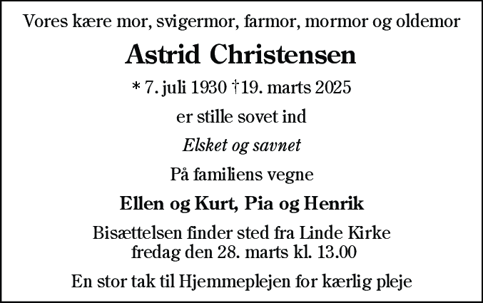 Dødsannonce for Astrid Christensen