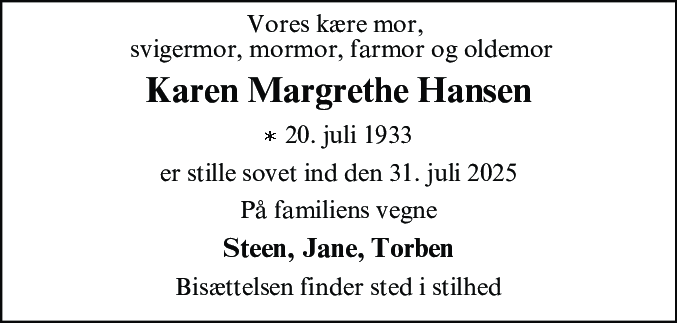 Dødsannonce for Karen Margrethe Hansen
