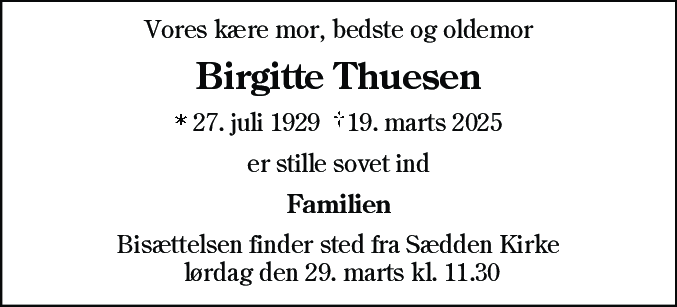 Dødsannonce for Birgitte Thuesen