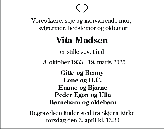 Dødsannonce for Vita Madsen