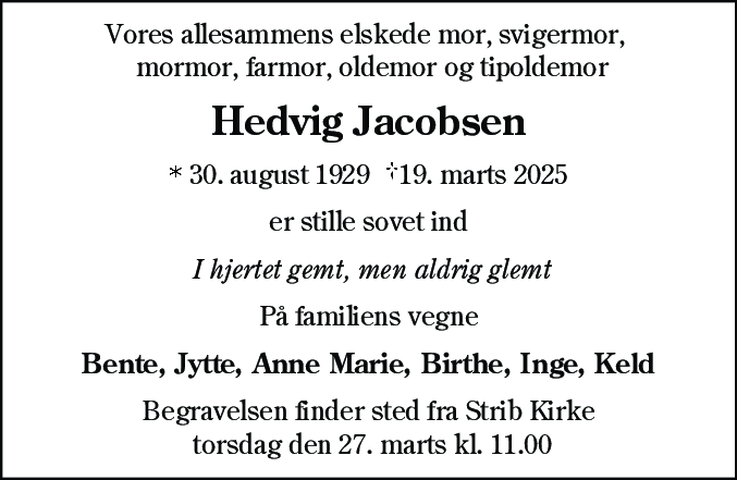 Dødsannonce for Hedvig Jacobsen