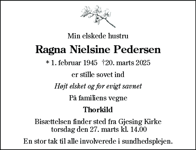 Dødsannonce for Ragna Nielsine Pedersen