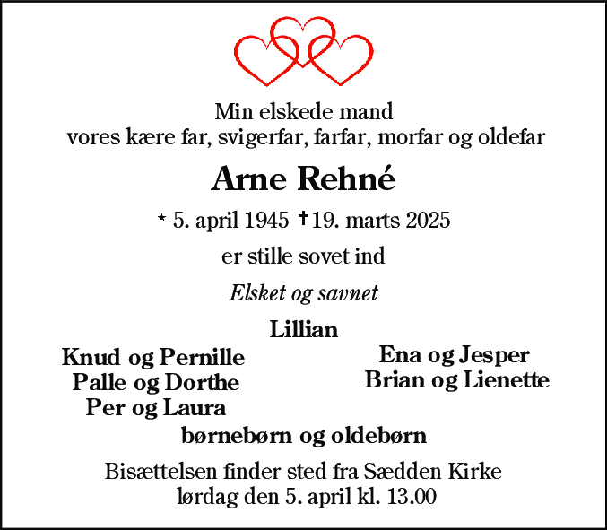 Dødsannonce for Arne Rehné