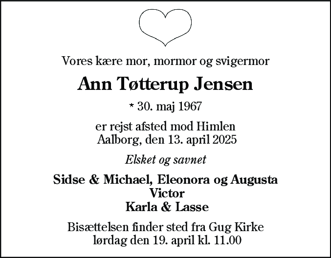 Dødsannonce for Ann Tøtterup Jensen