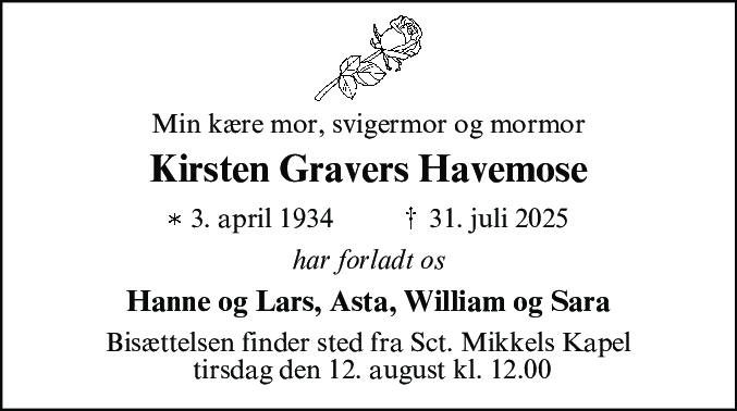 Dødsannonce for Kirsten Gravers Havemose