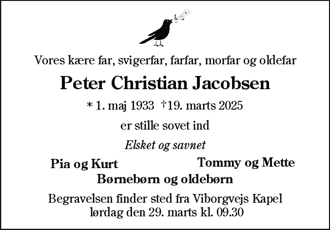 Dødsannonce for Peter Christian Jacobsen