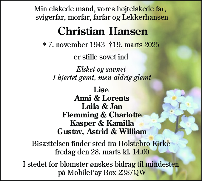 Dødsannonce for Niels Christian Hansen