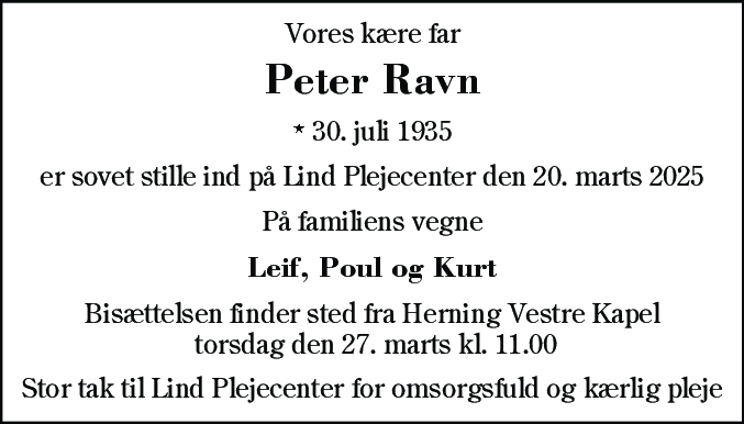 Dødsannonce for Peter Ravn