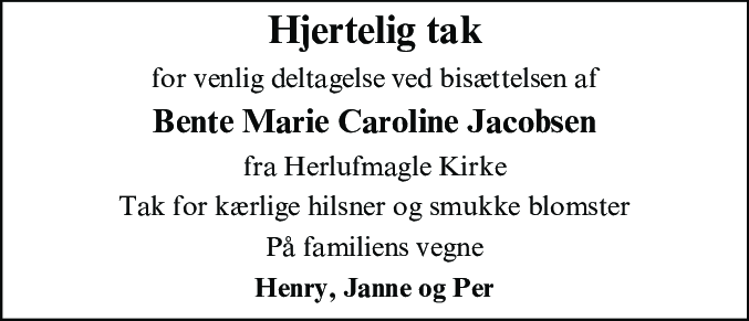 Dødsannonce for Bente Marie Caroline Jacobsen