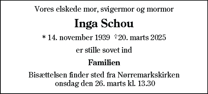 Dødsannonce for Inga Schou
