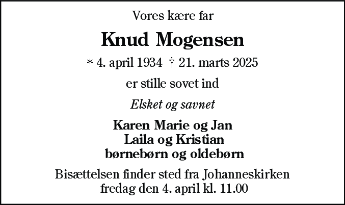 Dødsannonce for Knud Mogensen