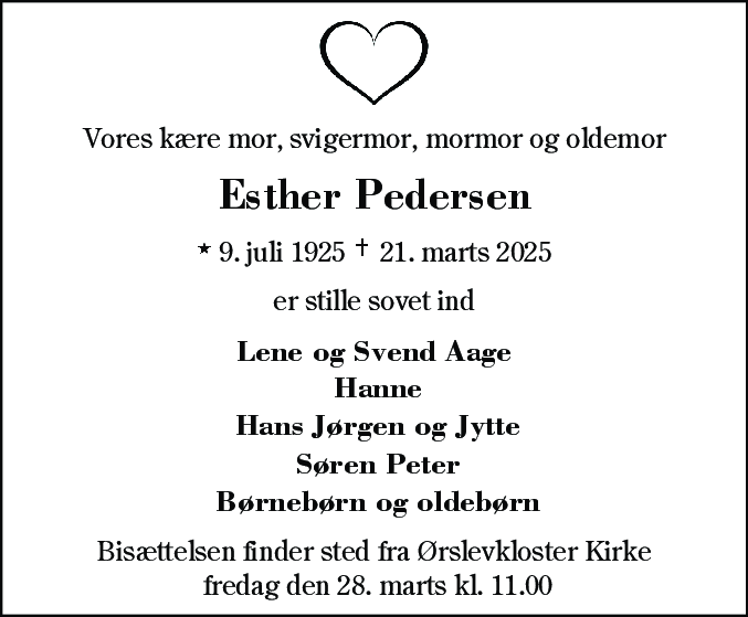 Dødsannonce for Esther Pedersen