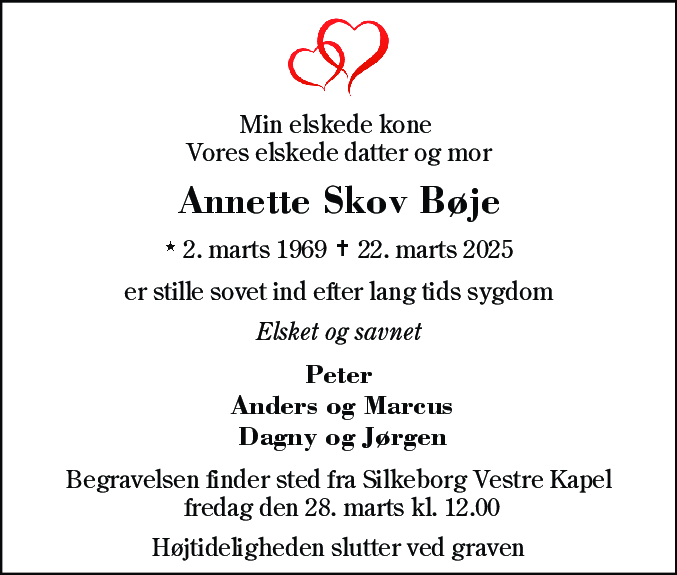Dødsannonce for Annette Skov Bøje