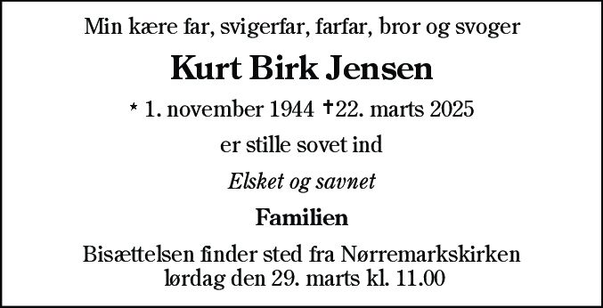 Dødsannonce for Kurt Birk Jensen