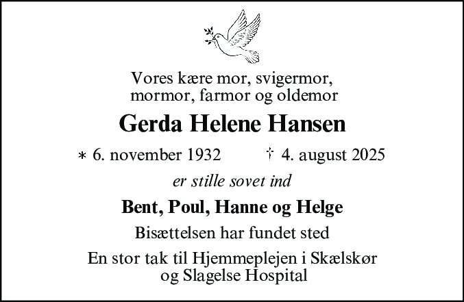 Dødsannonce for Gerda Helene Hansen