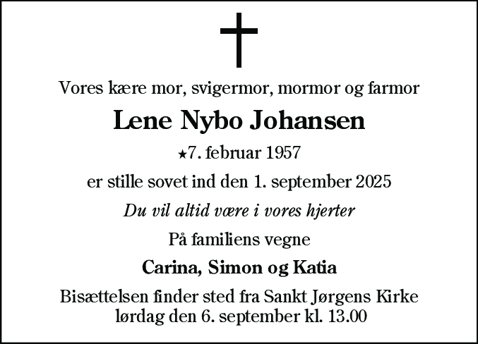 Dødsannonce for Lene Nybo Johansen