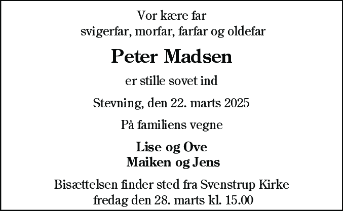 Dødsannonce for Peter Madsen