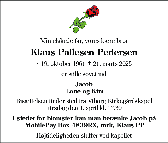 Dødsannonce for Klaus Pallesen Pedersen