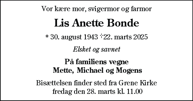Dødsannonce for Lis Anette Bonde