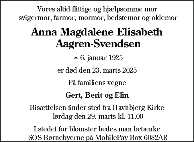 Dødsannonce for Anna Magdalene Elisabeth Aagren-Svendsen