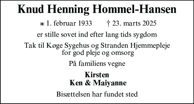 Dødsannonce for Knud Henning Hommel-Hansen