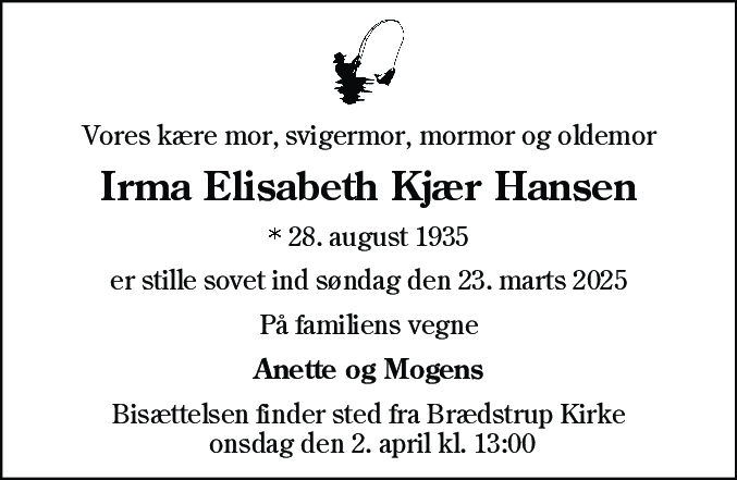 Dødsannonce for Irma Elisabeth Kjær Hansen