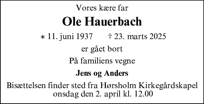 Dødsannonce for Ole Hauerbach