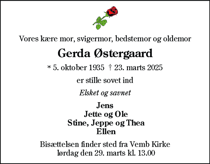 Dødsannonce for Gerda Østergaard