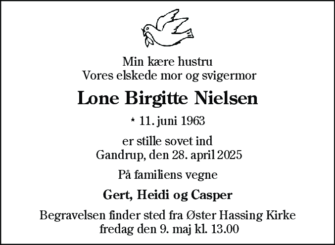 Dødsannonce for Lone Birgitte Nielsen