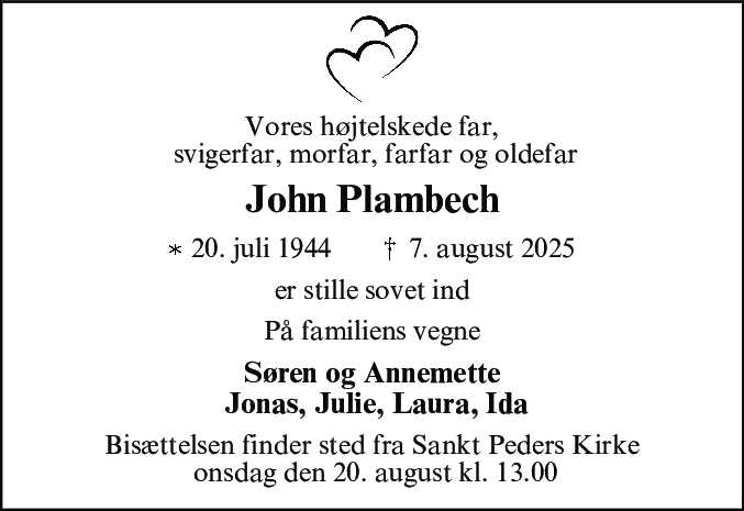 Dødsannonce for John Plambech