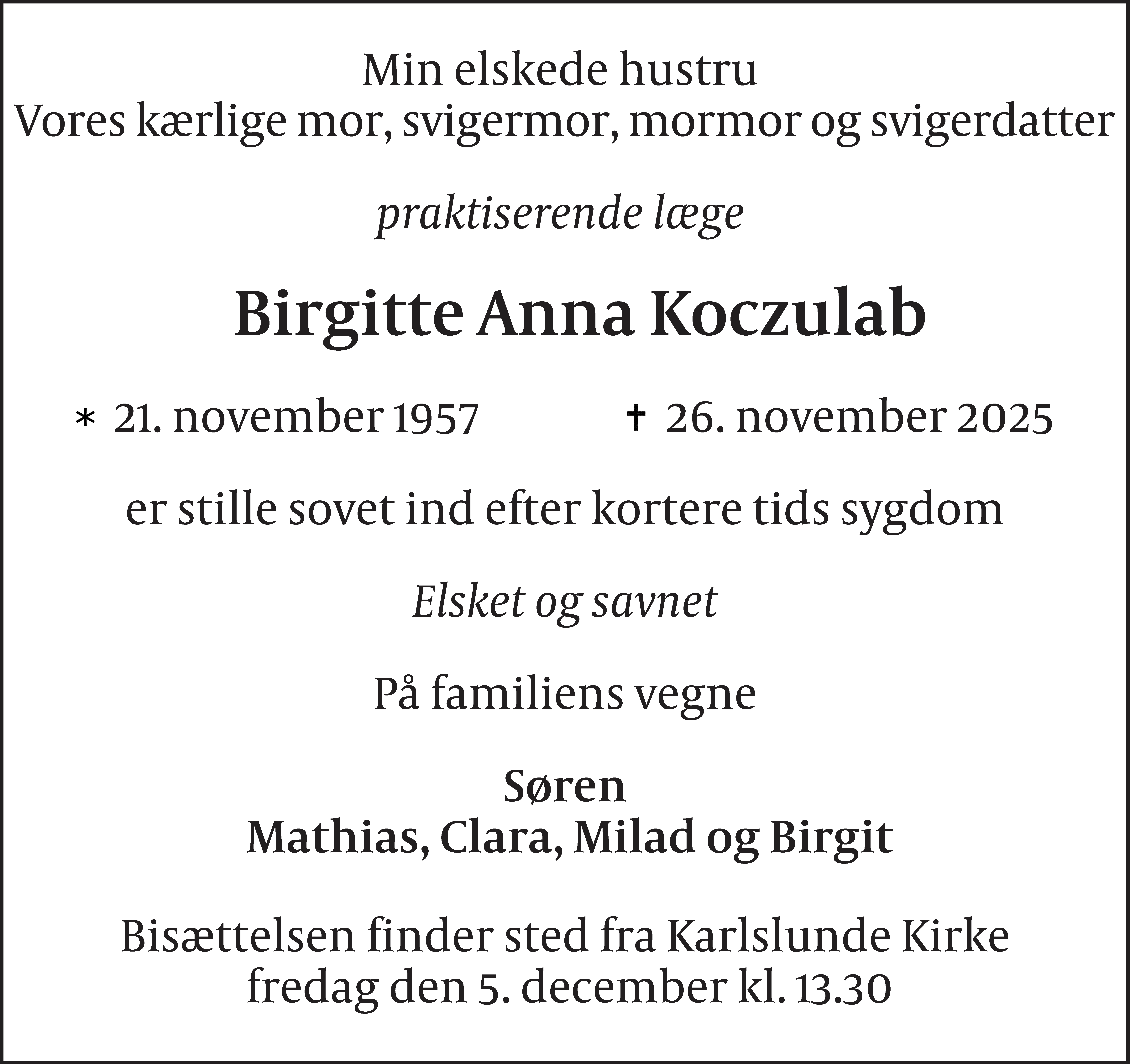 Dødsannonce for Birgitte Anna Koczulab