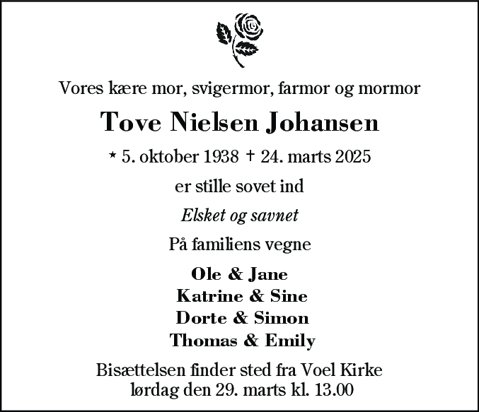 Dødsannonce for Tove Nielsen Johansen